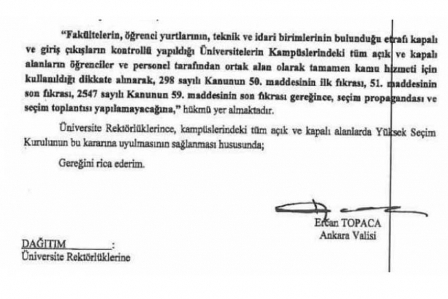 Ankara Valisinden üniversitelerde seçim propagandası yasağı 1